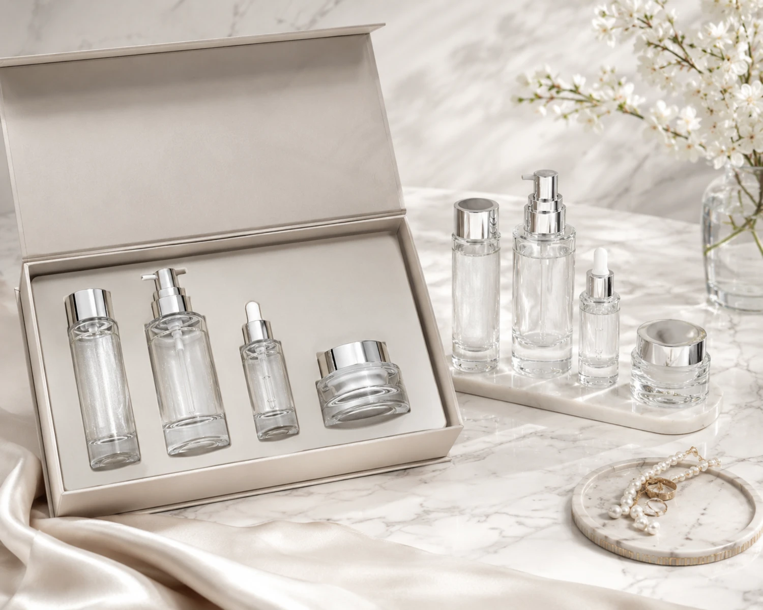 gift box packaging image of Clear Thick-Wall Skincare Bottle and Jar Set showing premium cosmetic retail box presentation