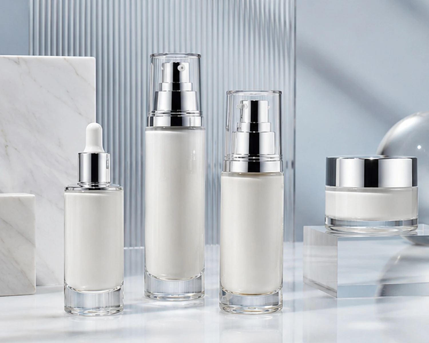 Cylindrical Serum Bottle and Cream Jar Set finished bottle campaign image showing premium cosmetic bottle and jar set presentation
