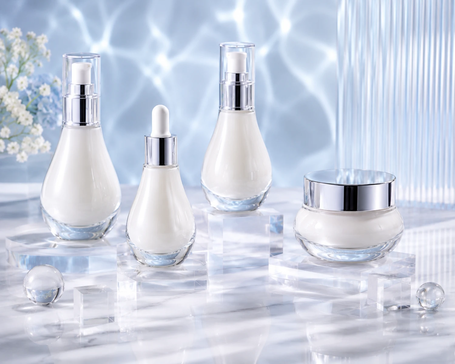 accessories detail image of Drop Profile Cosmetic Bottle and Jar Set showing caps, pumps, jar lids or cosmetic packaging components