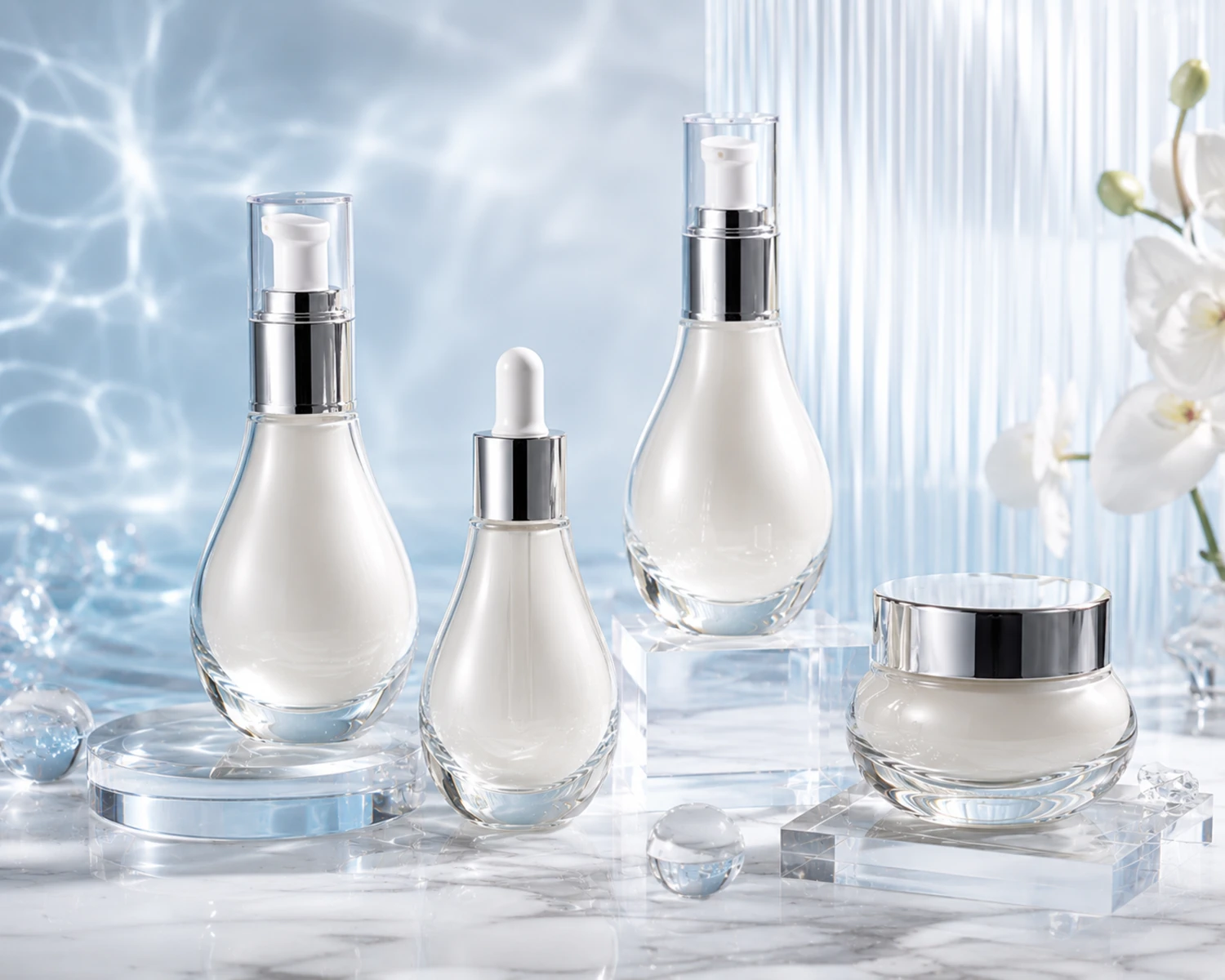decoration process detail image of Drop Profile Cosmetic Bottle and Jar Set showing finish, bottle detail or surface treatment