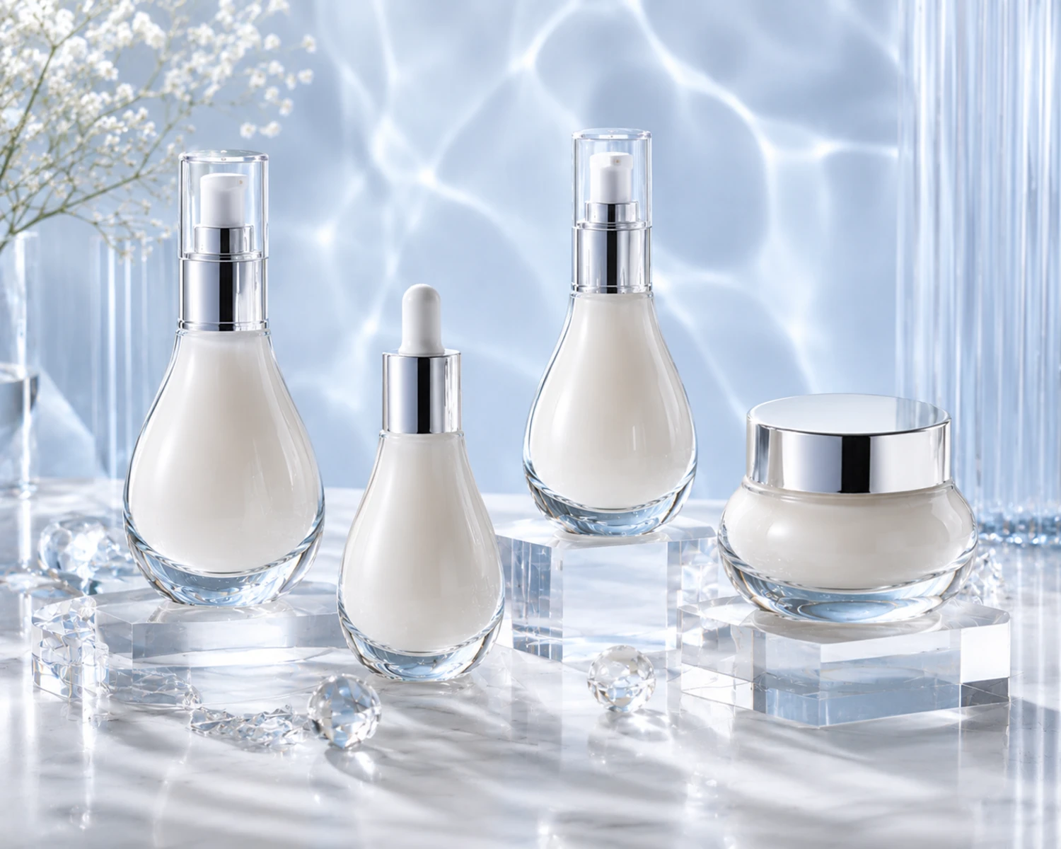 Drop Profile Cosmetic Bottle and Jar Set finished bottle campaign image showing premium cosmetic bottle and jar set presentation