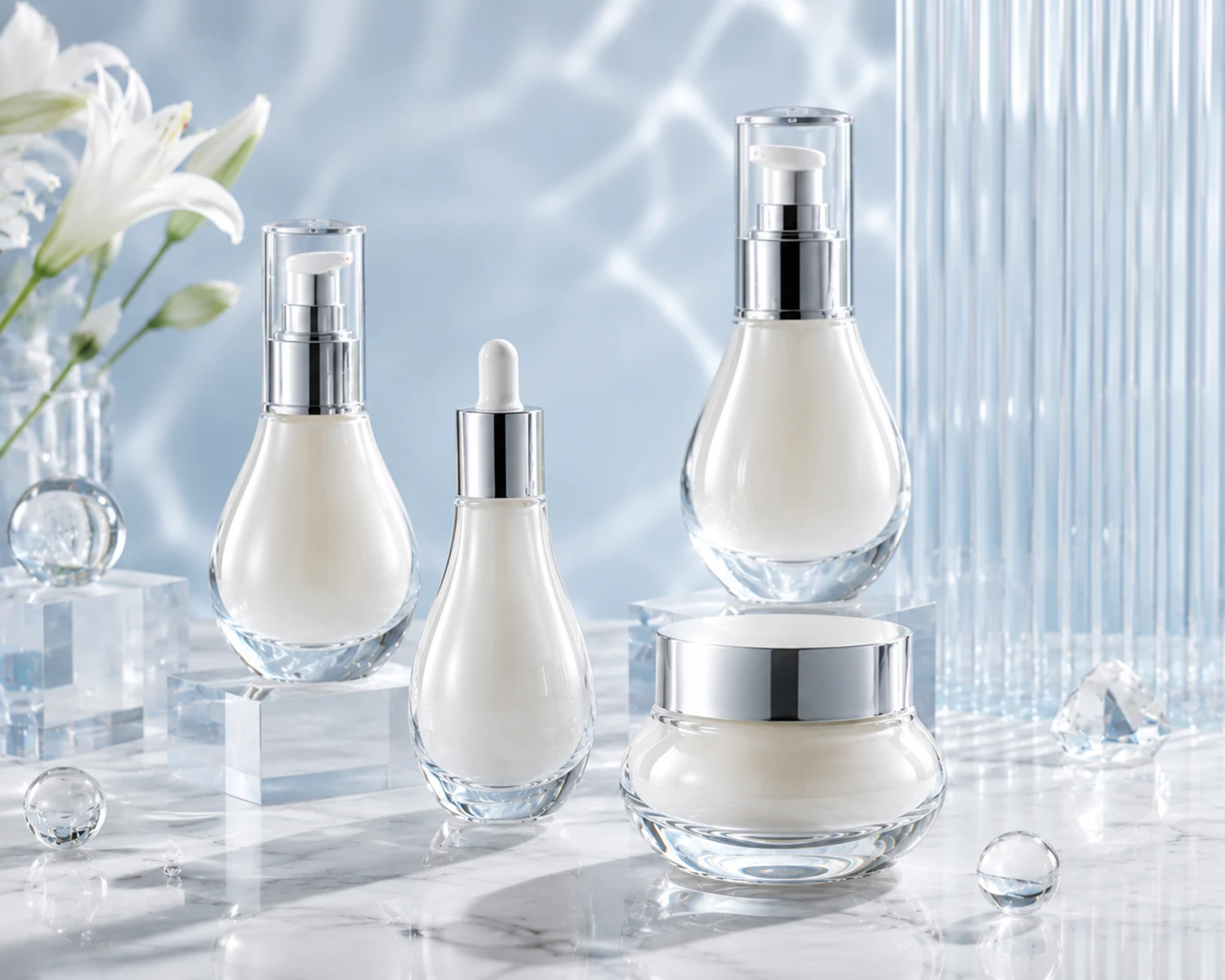 gift box packaging image of Drop Profile Cosmetic Bottle and Jar Set showing premium cosmetic retail box presentation