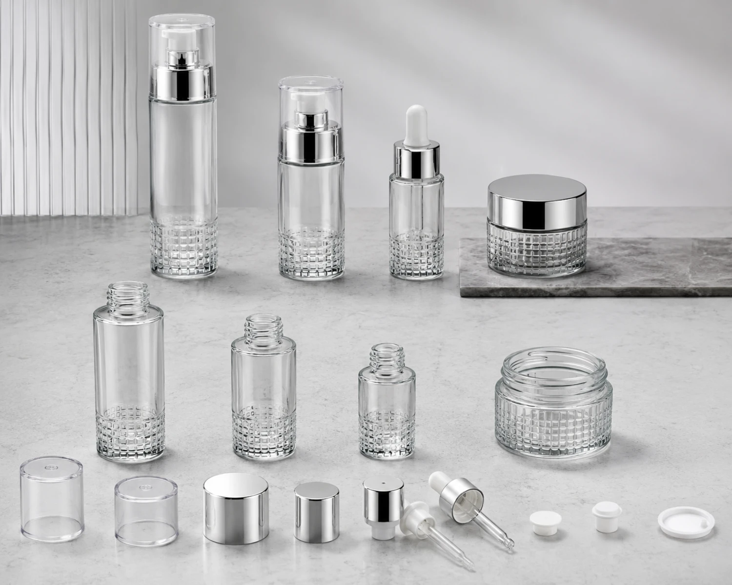 accessories detail image of Grid Bottom Skincare Bottle and Jar Set showing caps, pumps, jar lids or cosmetic packaging components