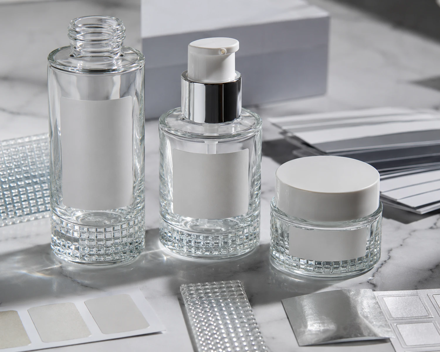 decoration process detail image of Grid Bottom Skincare Bottle and Jar Set showing finish, bottle detail or surface treatment