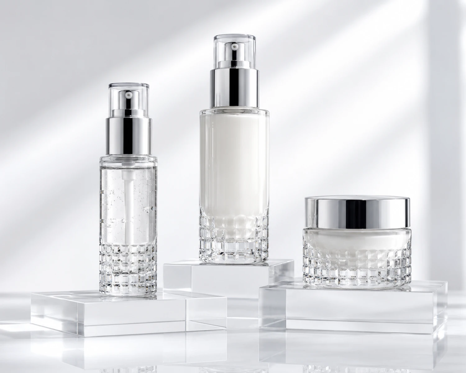 Grid Bottom Skincare Bottle and Jar Set finished bottle campaign image showing premium cosmetic bottle and jar set presentation