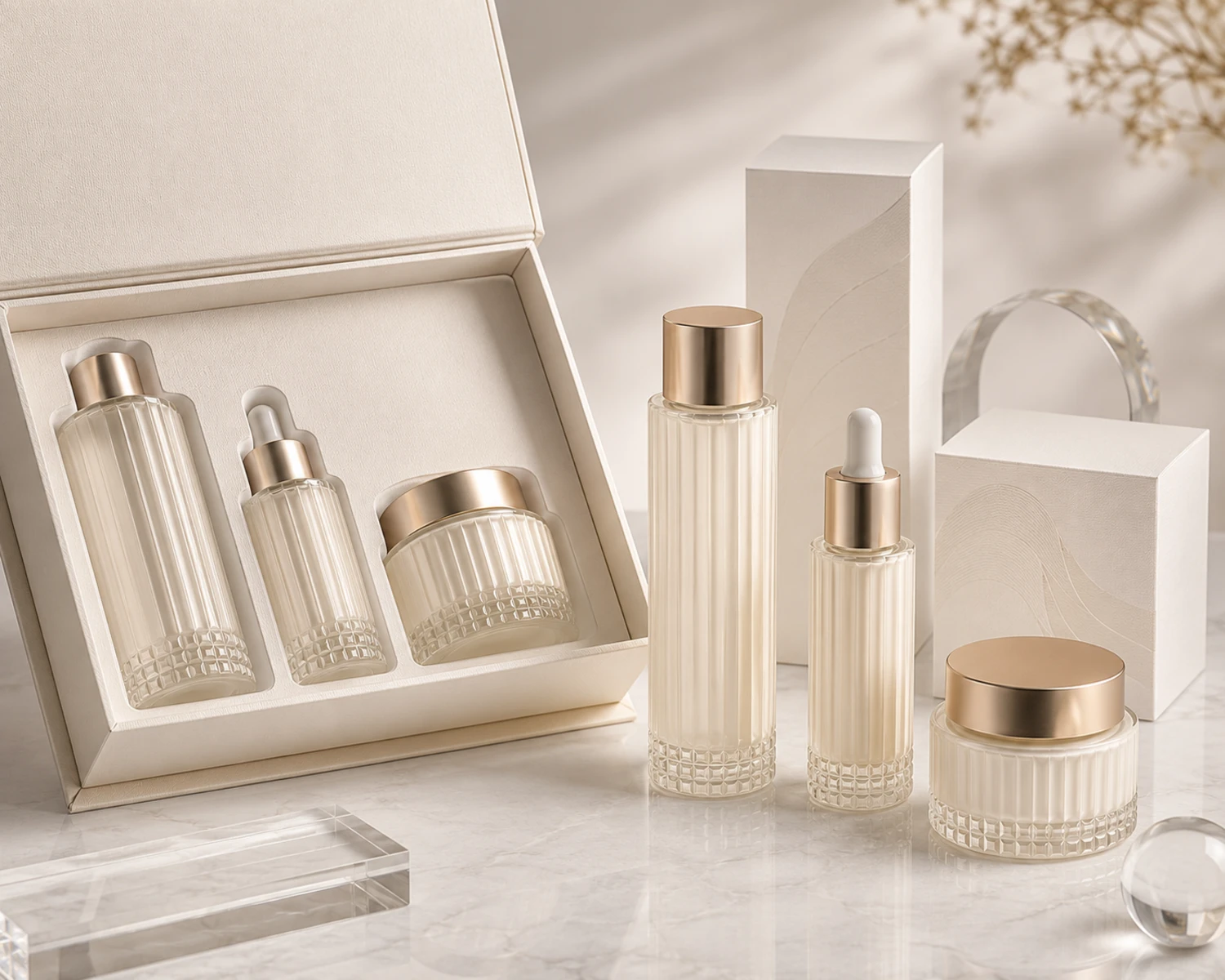 gift box packaging image of Grid Bottom Skincare Bottle and Jar Set showing premium cosmetic retail box presentation