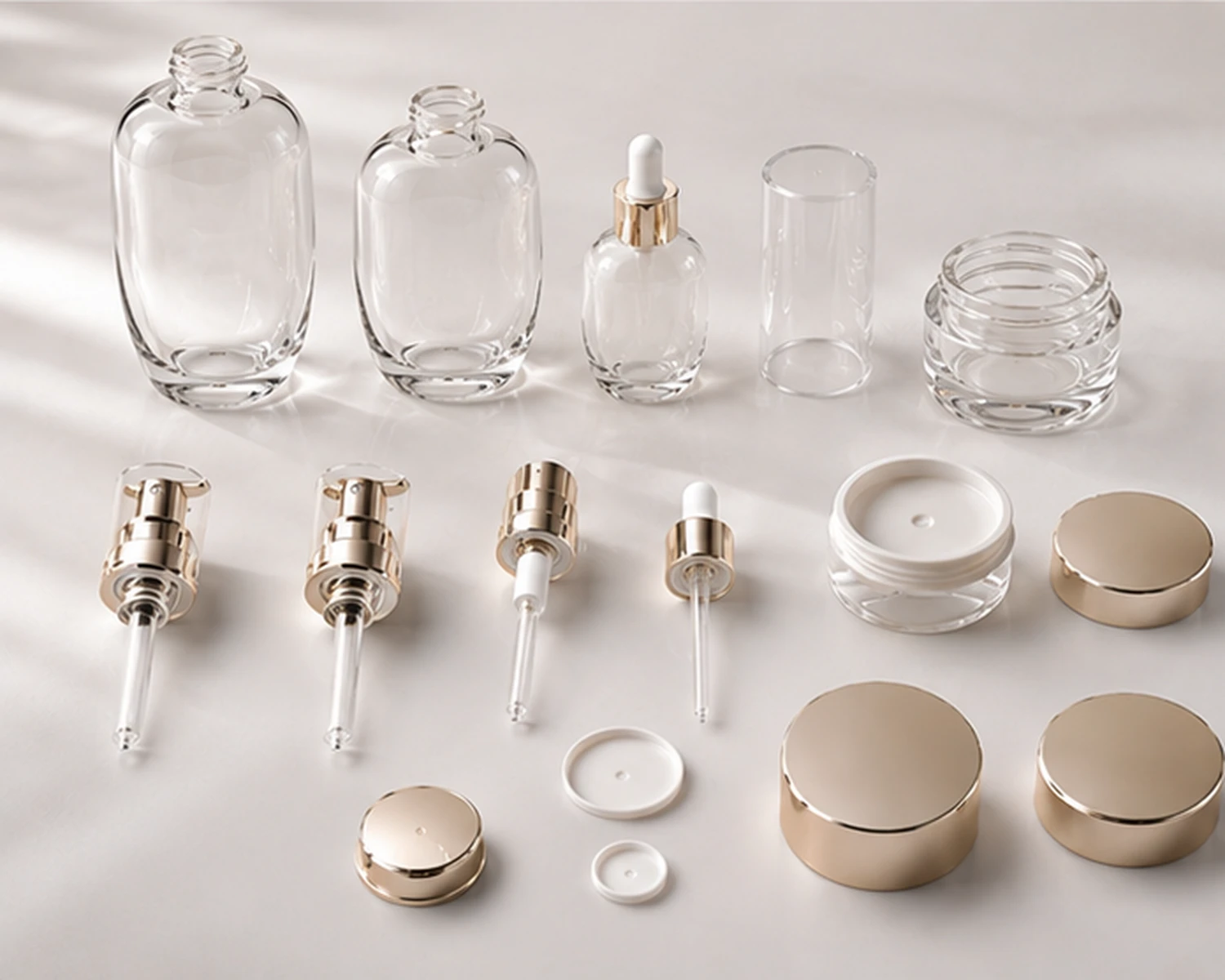 accessories detail image of Oval Luxury Skincare Bottle and Jar Set showing caps, pumps, jar lids or cosmetic packaging components