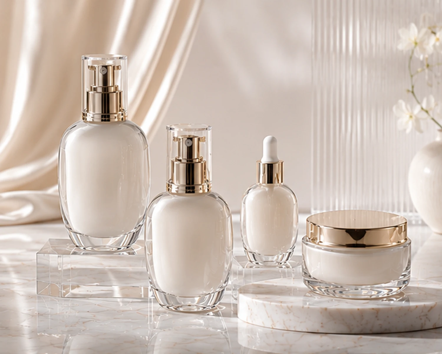Oval Luxury Skincare Bottle and Jar Set finished bottle campaign image showing premium cosmetic bottle and jar set presentation
