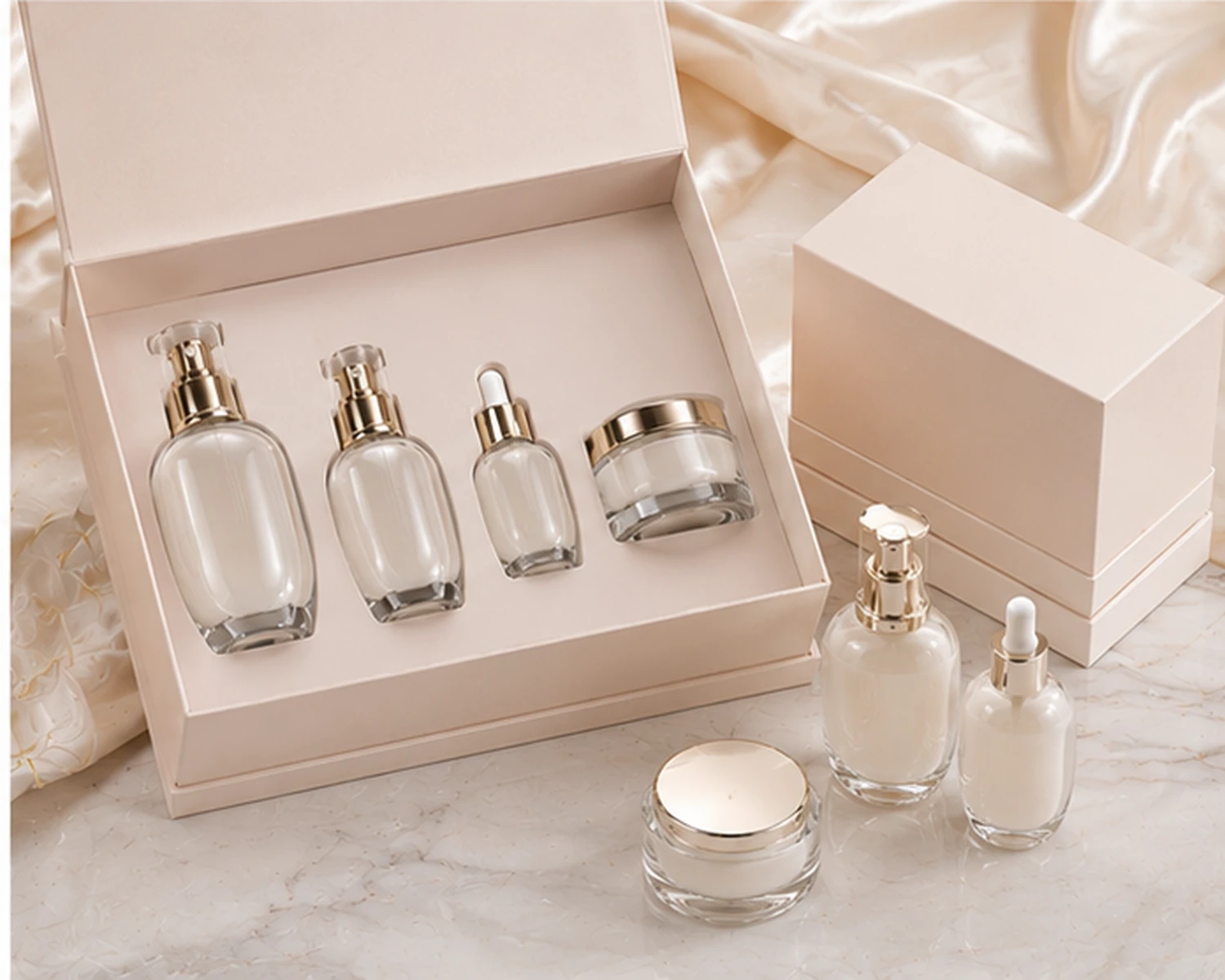 gift box packaging image of Oval Luxury Skincare Bottle and Jar Set showing premium cosmetic retail box presentation