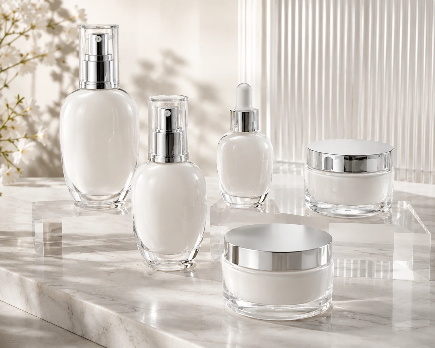 accessories detail image of Oval Shoulder Cosmetic Bottle and Cream Jar Set showing caps, pumps, jar lids or cosmetic packaging components