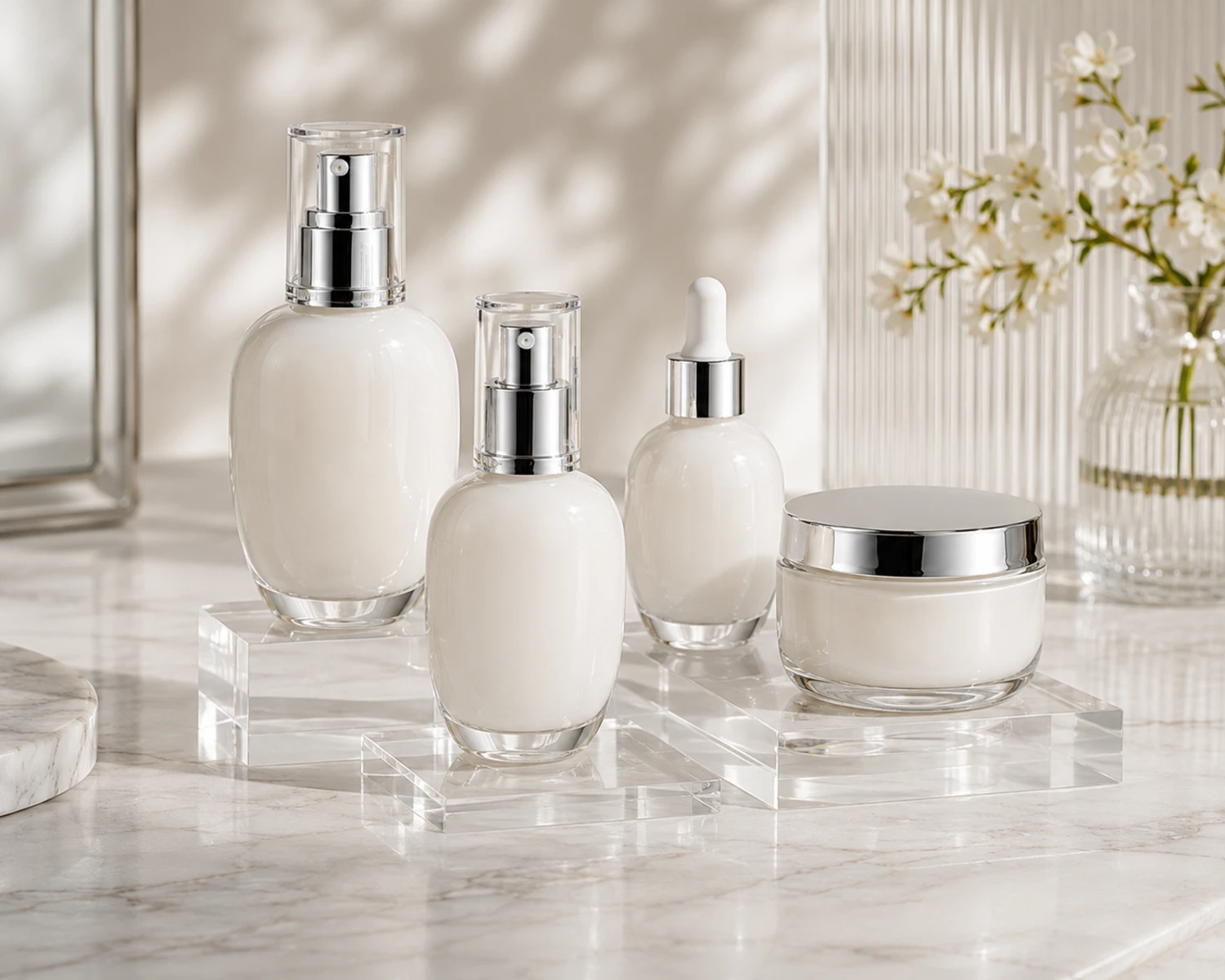 decoration process detail image of Oval Shoulder Cosmetic Bottle and Cream Jar Set showing finish, bottle detail or surface treatment