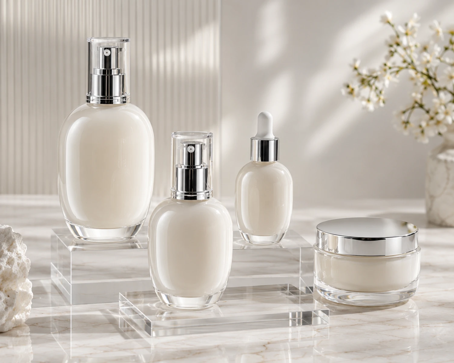 Oval Shoulder Cosmetic Bottle and Cream Jar Set finished bottle campaign image showing premium cosmetic bottle and jar set presentation