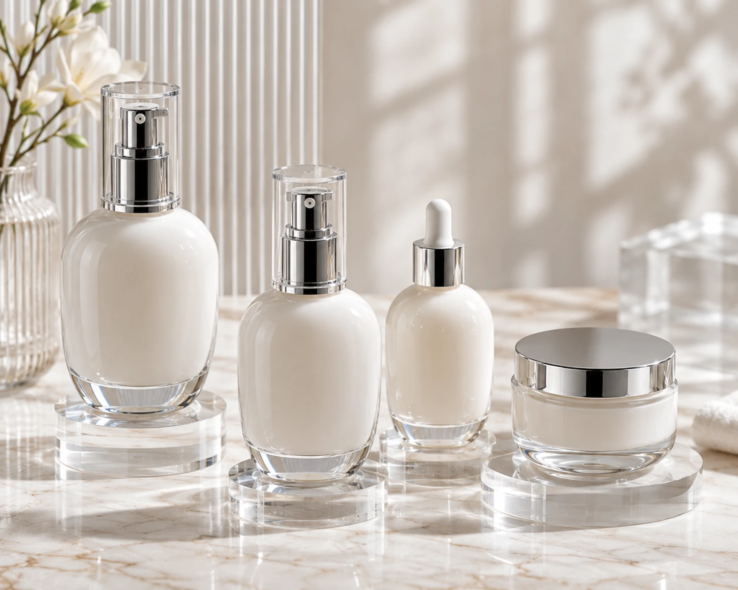gift box packaging image of Oval Shoulder Cosmetic Bottle and Cream Jar Set showing premium cosmetic retail box presentation