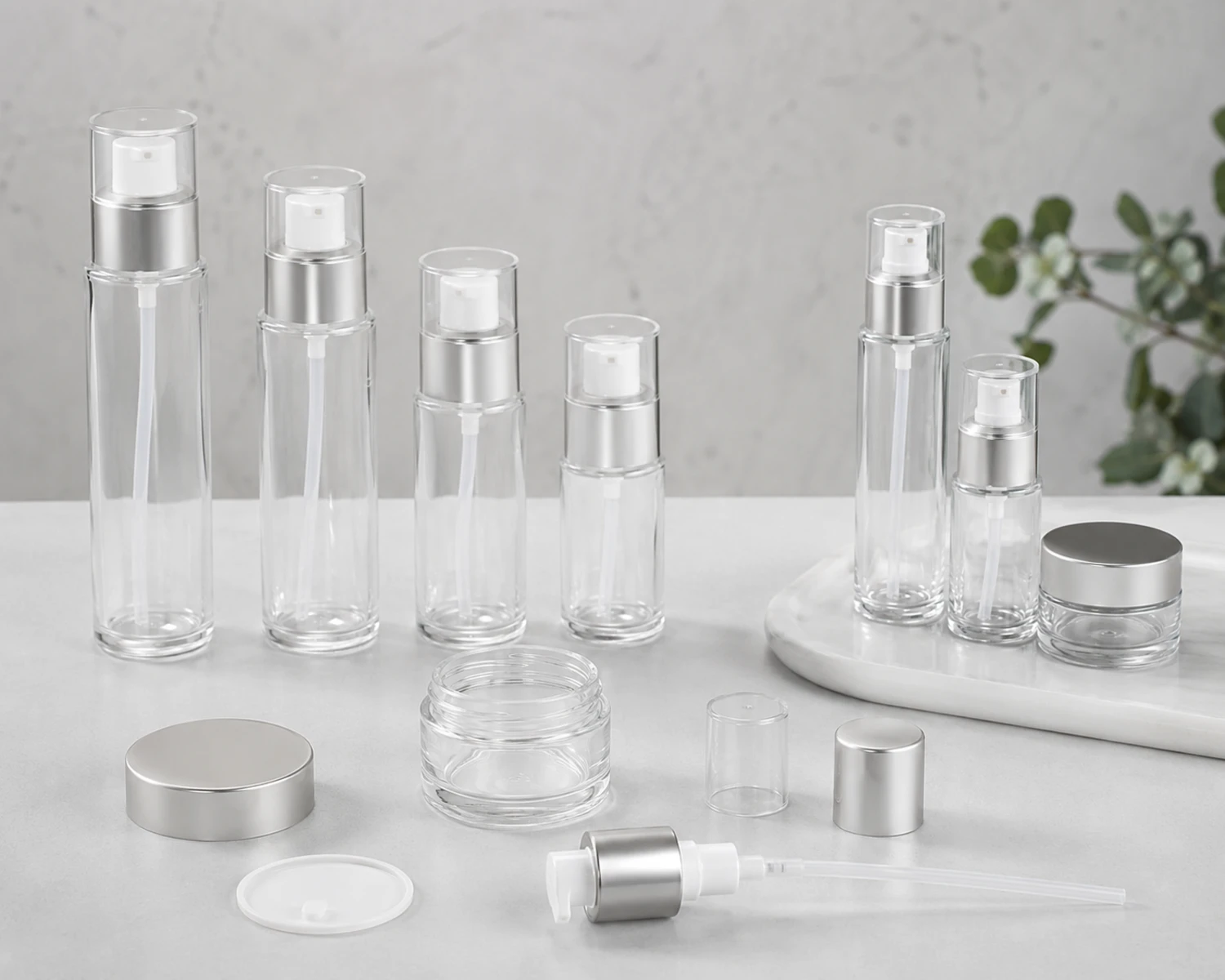 accessories detail image of Round Jar and Lotion Bottle Skincare Set showing caps, pumps, jar lids or cosmetic packaging components