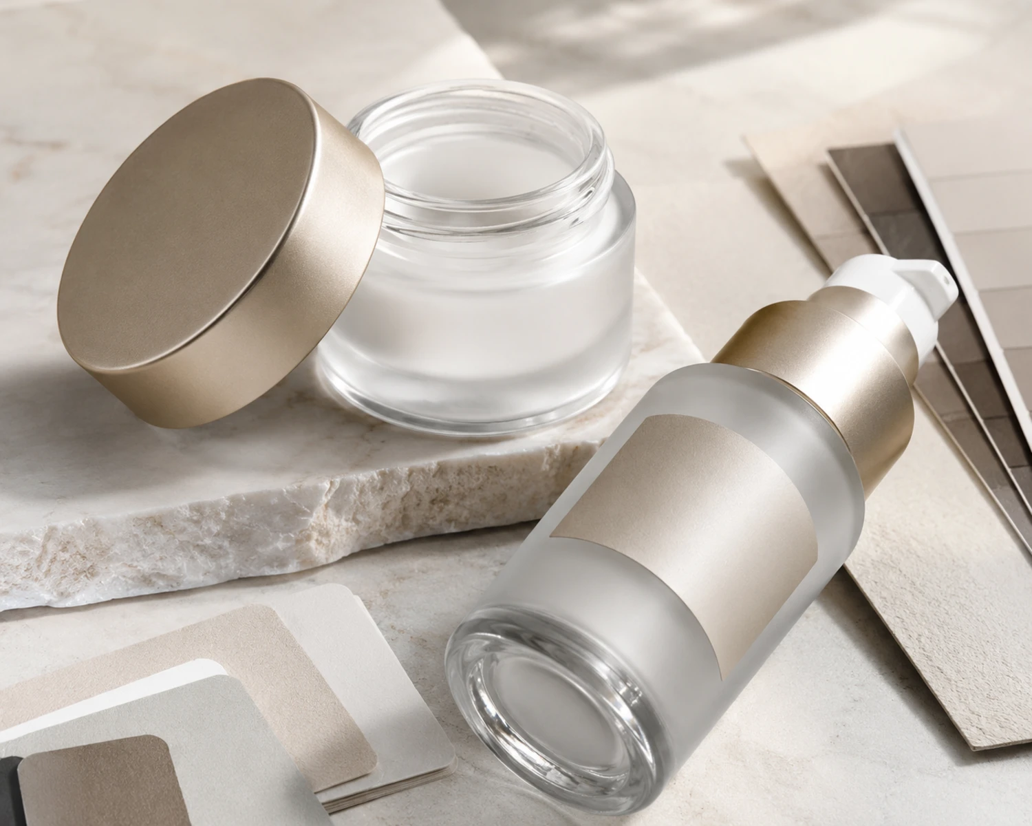 decoration process detail image of Round Jar and Lotion Bottle Skincare Set showing finish, bottle detail or surface treatment