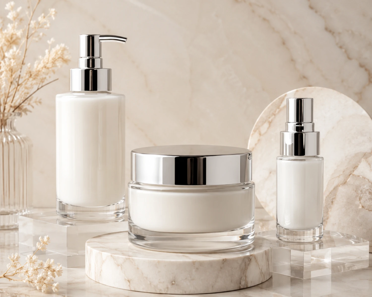 Round Jar and Lotion Bottle Skincare Set finished bottle campaign image showing premium cosmetic bottle and jar set presentation
