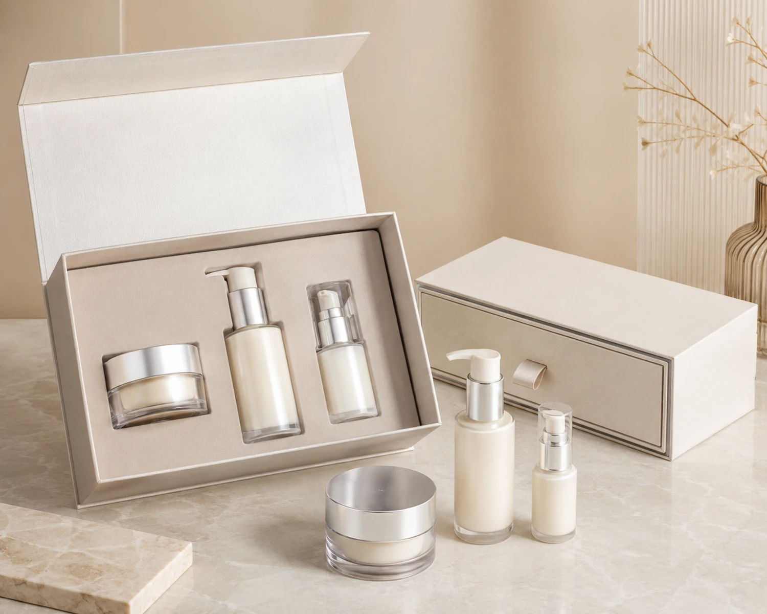 gift box packaging image of Round Jar and Lotion Bottle Skincare Set showing premium cosmetic retail box presentation