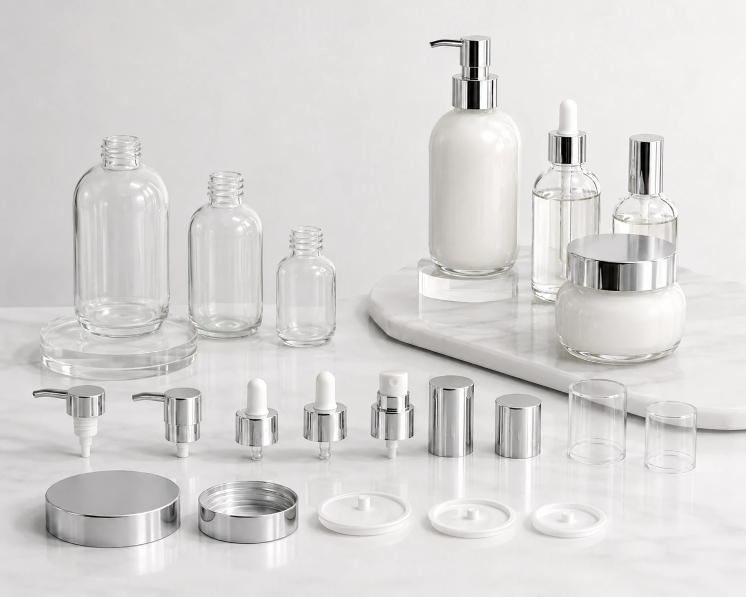 accessories detail image of Rounded Shoulder Skincare Bottle and Jar Set showing caps, pumps, jar lids or cosmetic packaging components