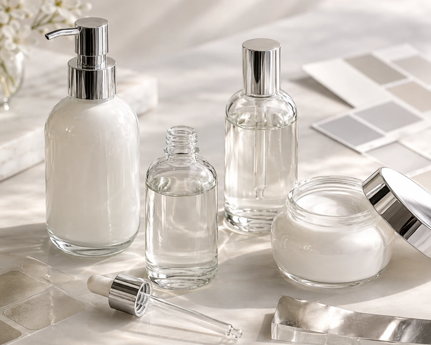 decoration process detail image of Rounded Shoulder Skincare Bottle and Jar Set showing finish, bottle detail or surface treatment