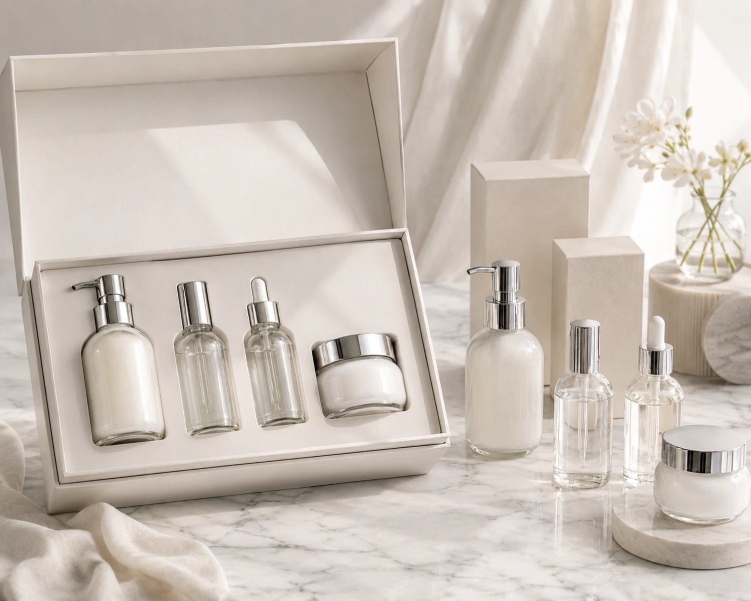 gift box packaging image of Rounded Shoulder Skincare Bottle and Jar Set showing premium cosmetic retail box presentation