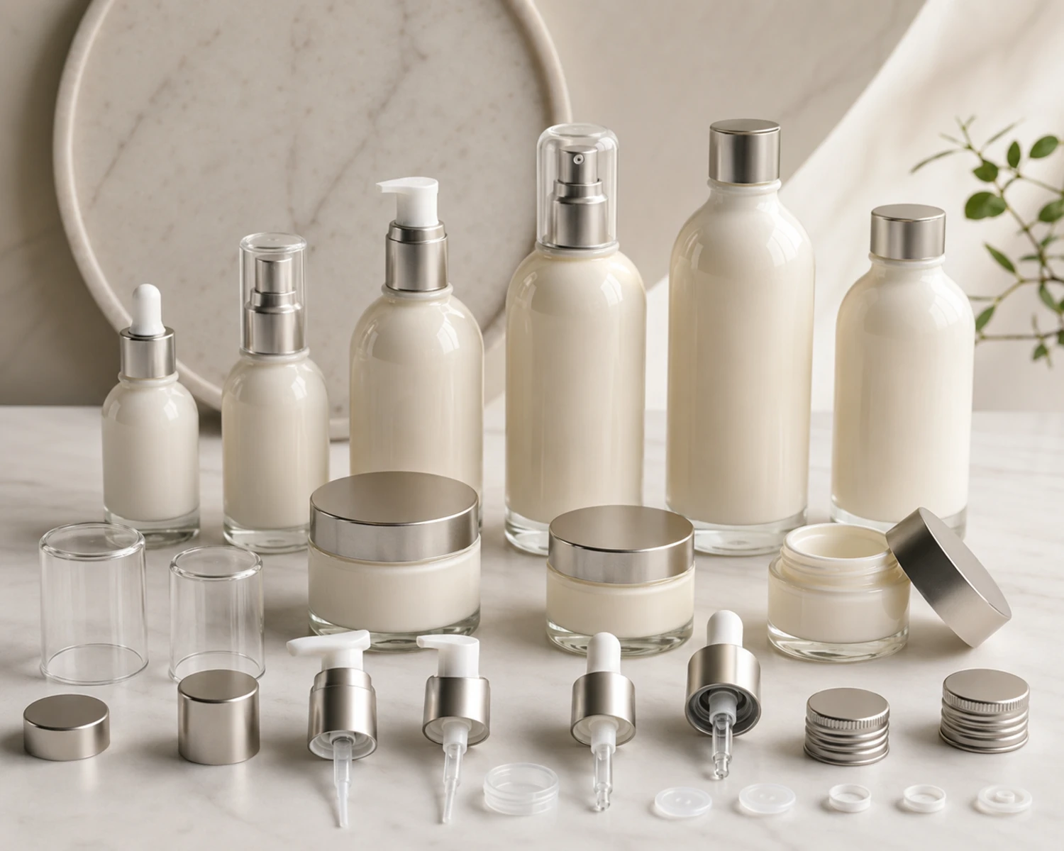 accessories detail image of Soft Contour Skincare Bottle and Jar Set showing caps, pumps, jar lids or cosmetic packaging components