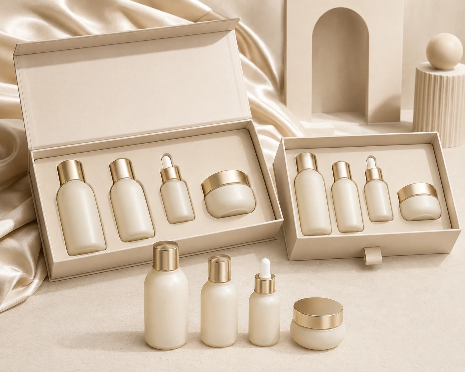 gift box packaging image of Soft Contour Skincare Bottle and Jar Set showing premium cosmetic retail box presentation