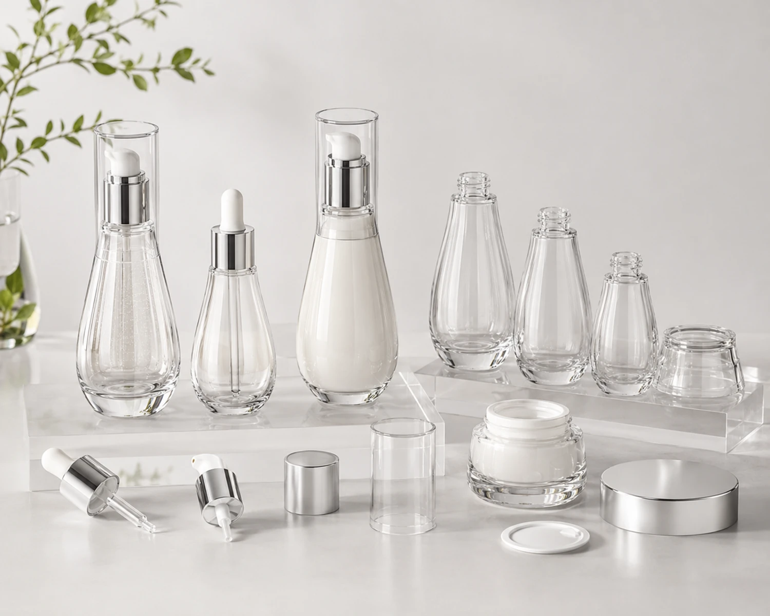 accessories detail image of Tapered Shoulder Serum Bottle and Cream Jar Set showing caps, pumps, jar lids or cosmetic packaging components