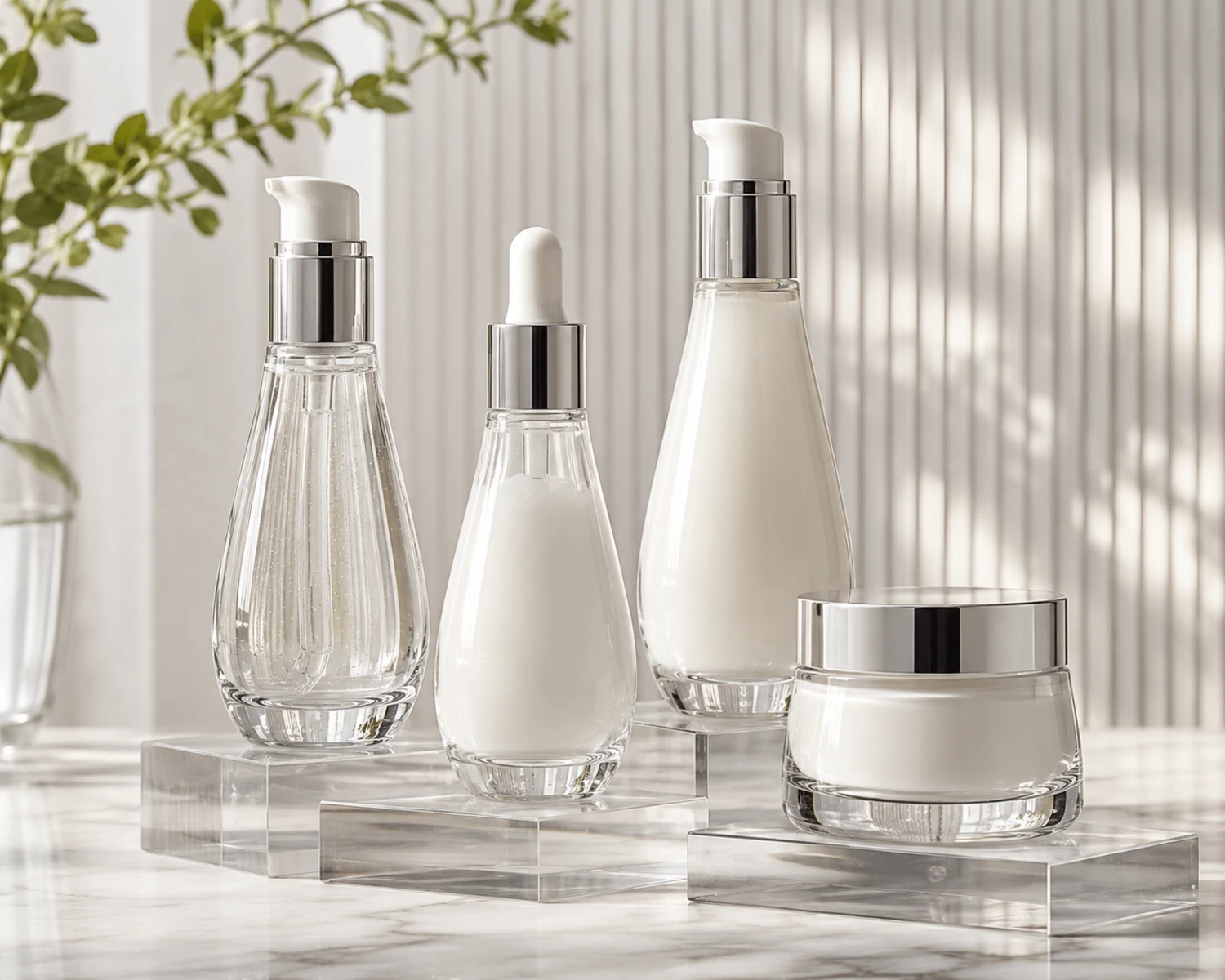 Tapered Shoulder Serum Bottle and Cream Jar Set finished bottle campaign image showing premium cosmetic bottle and jar set presentation