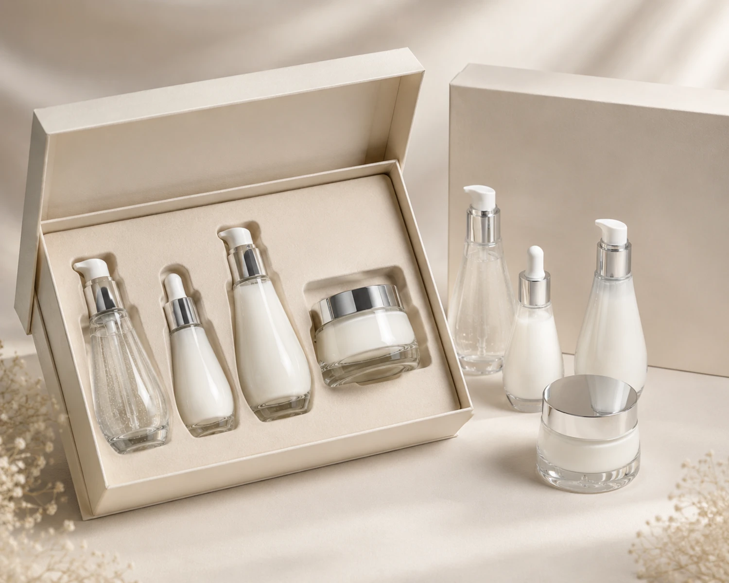 gift box packaging image of Tapered Shoulder Serum Bottle and Cream Jar Set showing premium cosmetic retail box presentation