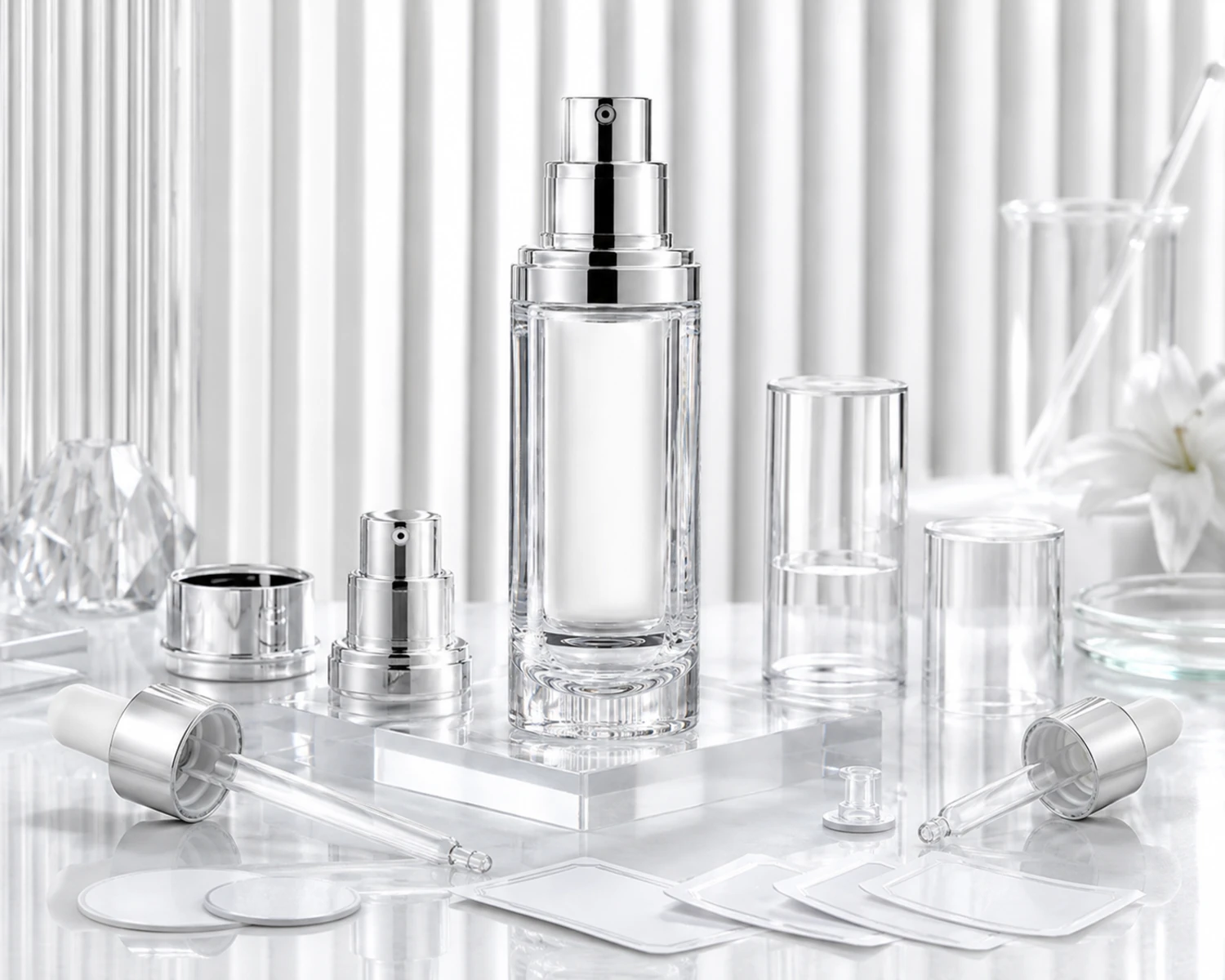 pump dropper closure detail image of Crystal Cosmetic Serum Bottle