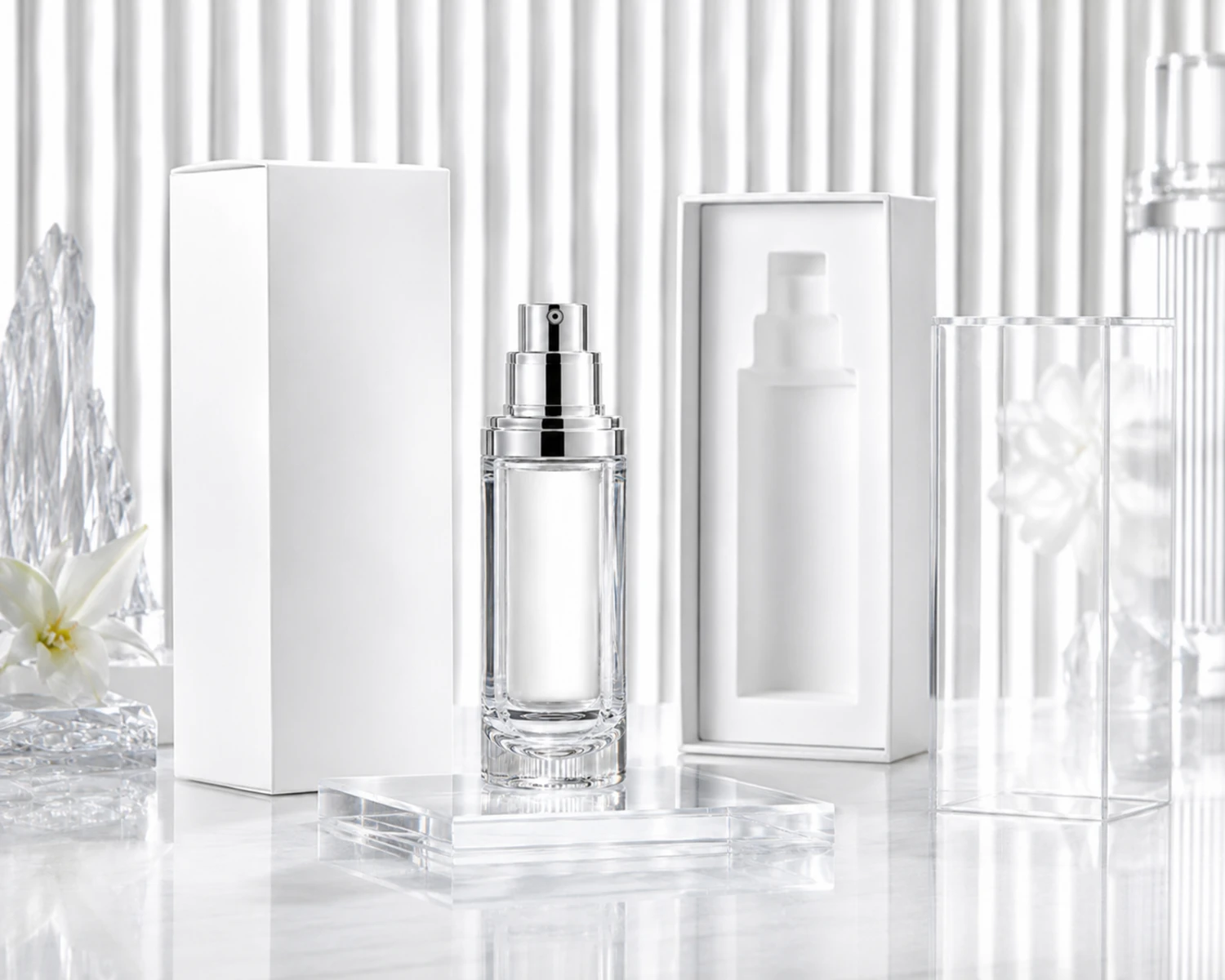 cosmetic packaging presentation image of Crystal Cosmetic Serum Bottle