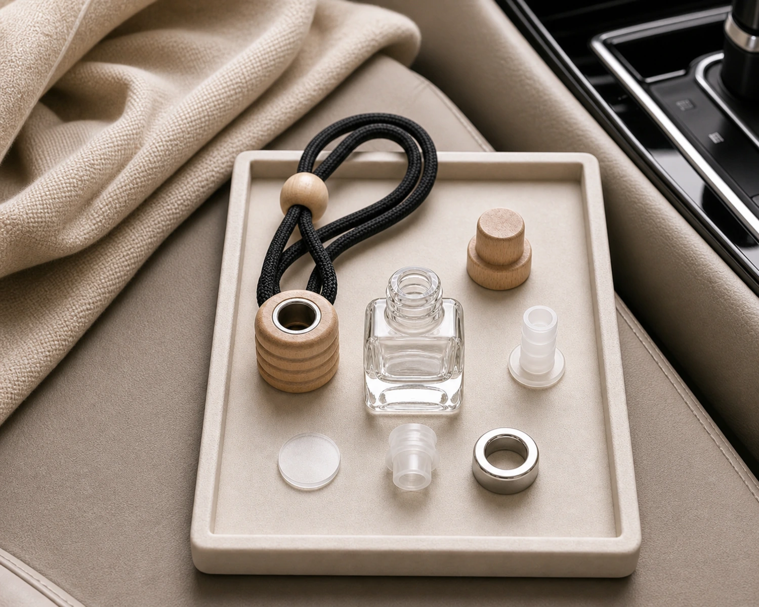 accessories detail image of Car Hanging Diffuser Bottle showing reeds, caps and diffuser bottle components