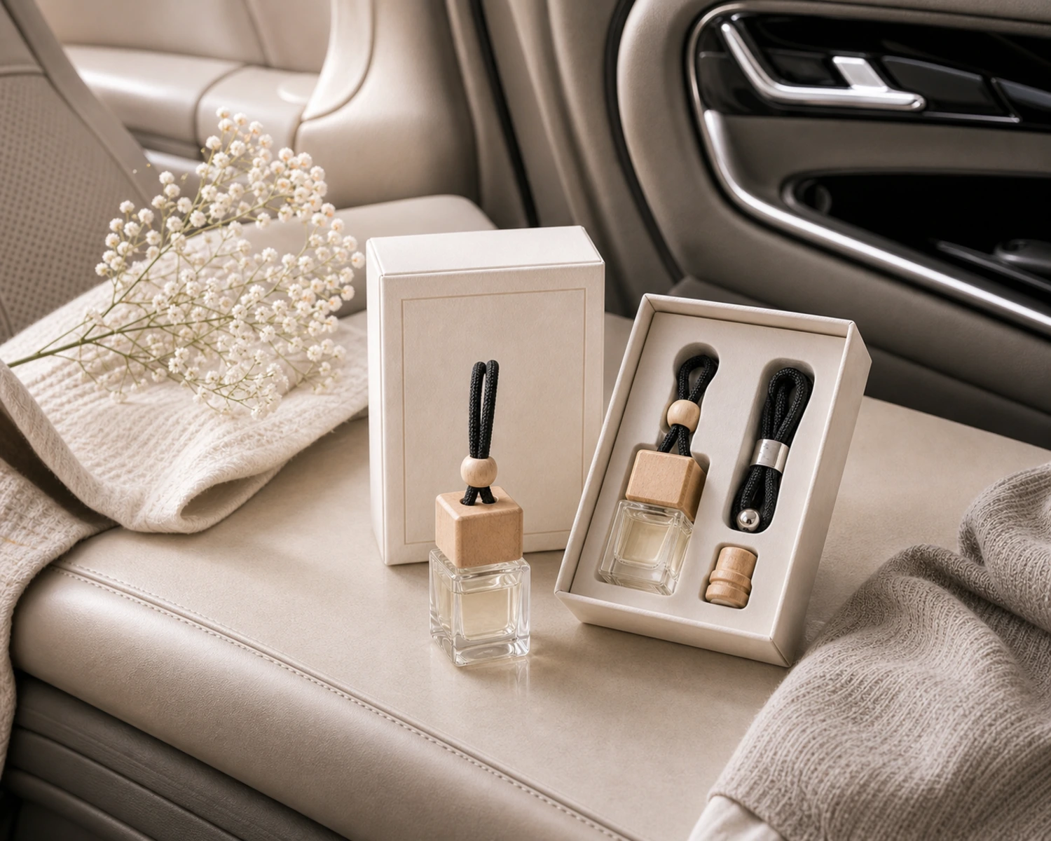 gift box packaging image of Car Hanging Diffuser Bottle showing premium reed diffuser retail box presentation