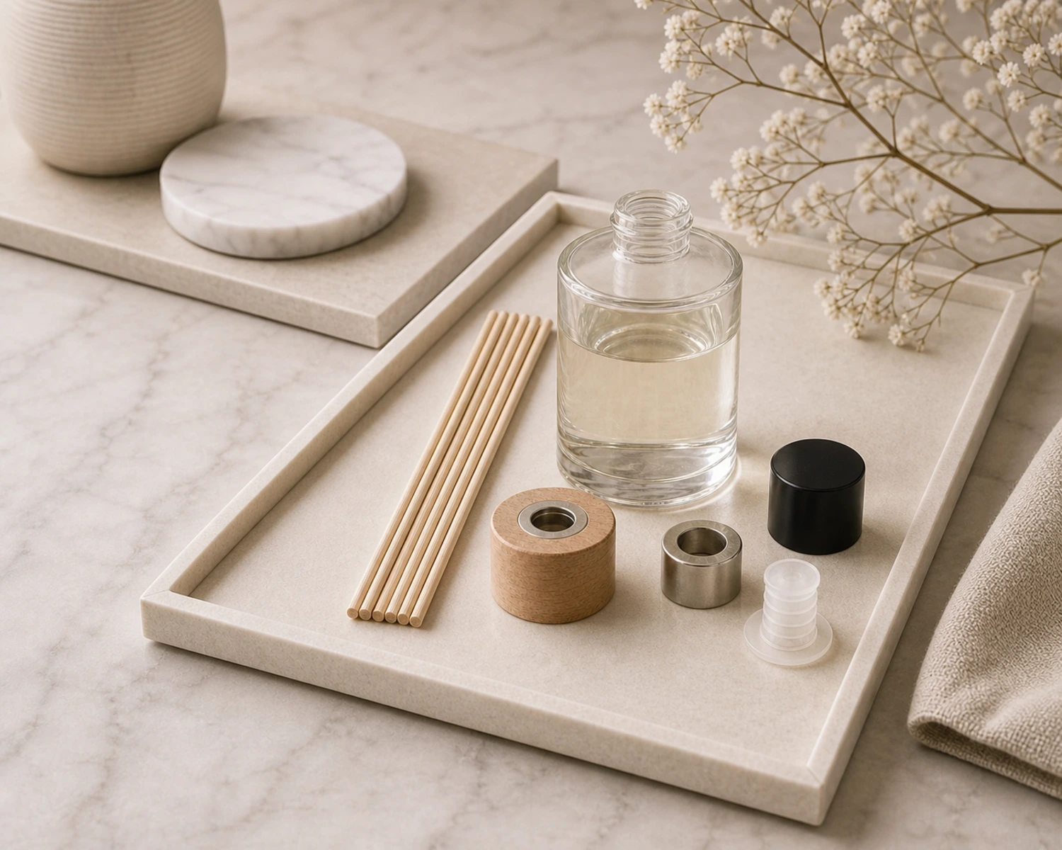 accessories detail image of Cylindrical Glass Diffuser Bottle showing reeds, caps and diffuser bottle components