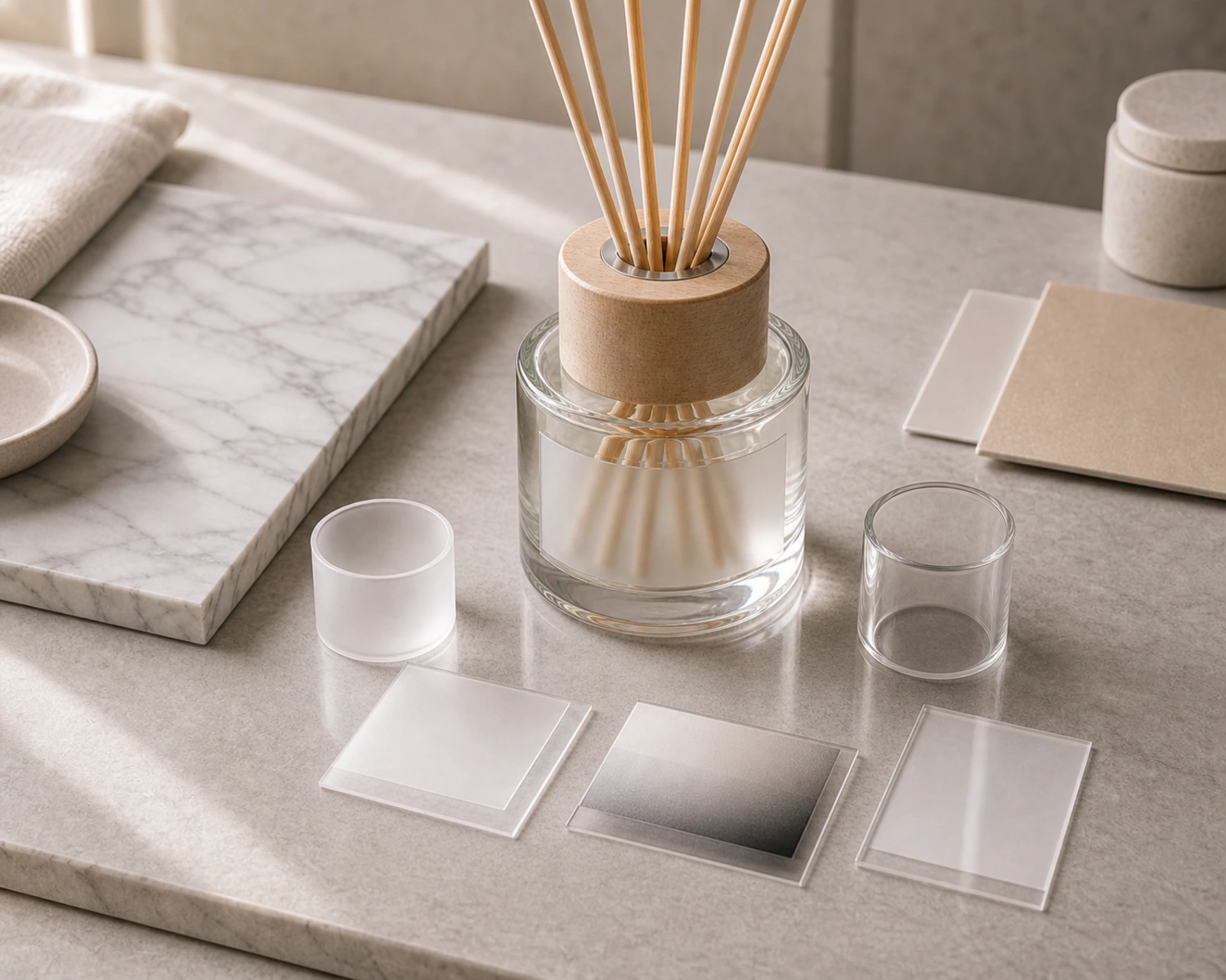 decoration process detail image of Cylindrical Glass Diffuser Bottle showing finish, label area or surface treatment