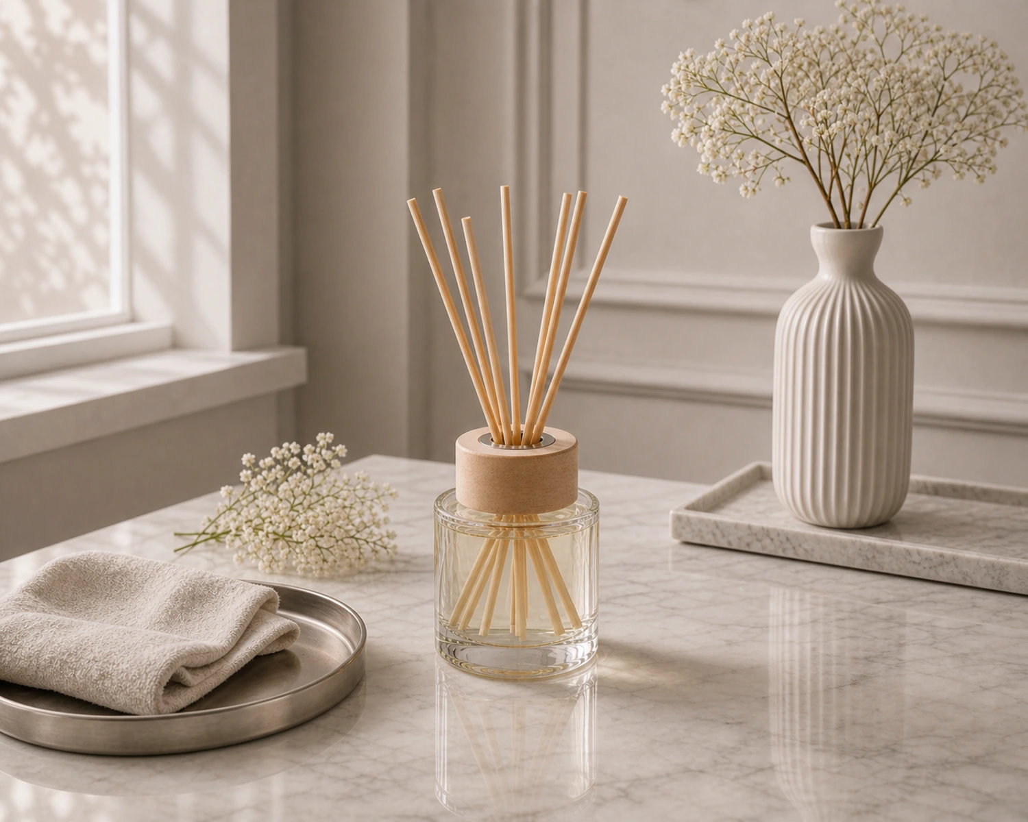 Cylindrical Glass Diffuser Bottle finished diffuser bottle campaign image showing premium home fragrance packaging presentation