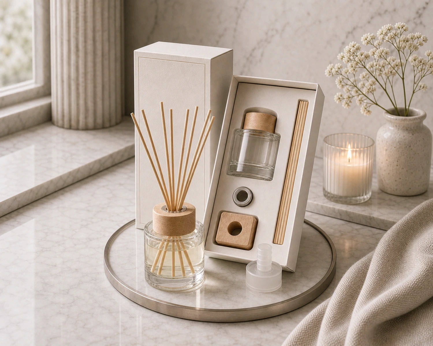 gift box packaging image of Cylindrical Glass Diffuser Bottle showing premium reed diffuser retail box presentation