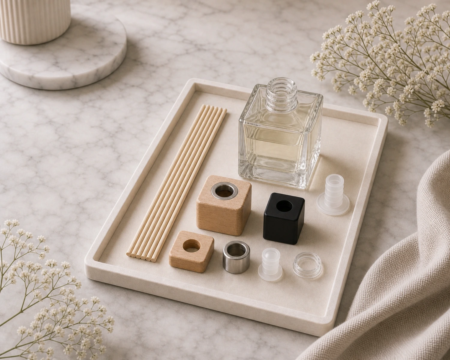 accessories detail image of Reed Diffuser Bottle Set showing reeds, caps and diffuser bottle components