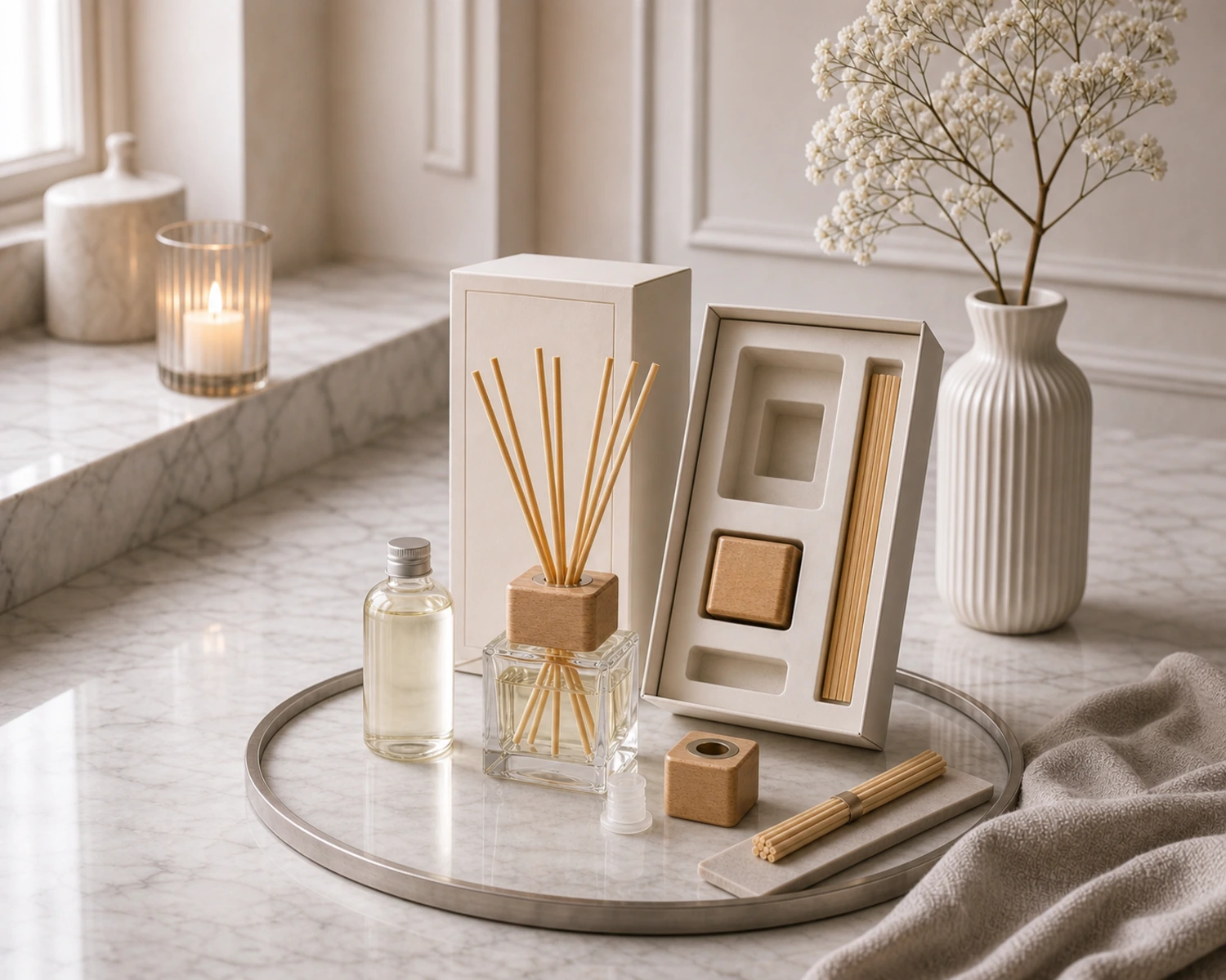 Reed Diffuser Bottle Set finished diffuser bottle campaign image showing premium home fragrance packaging presentation