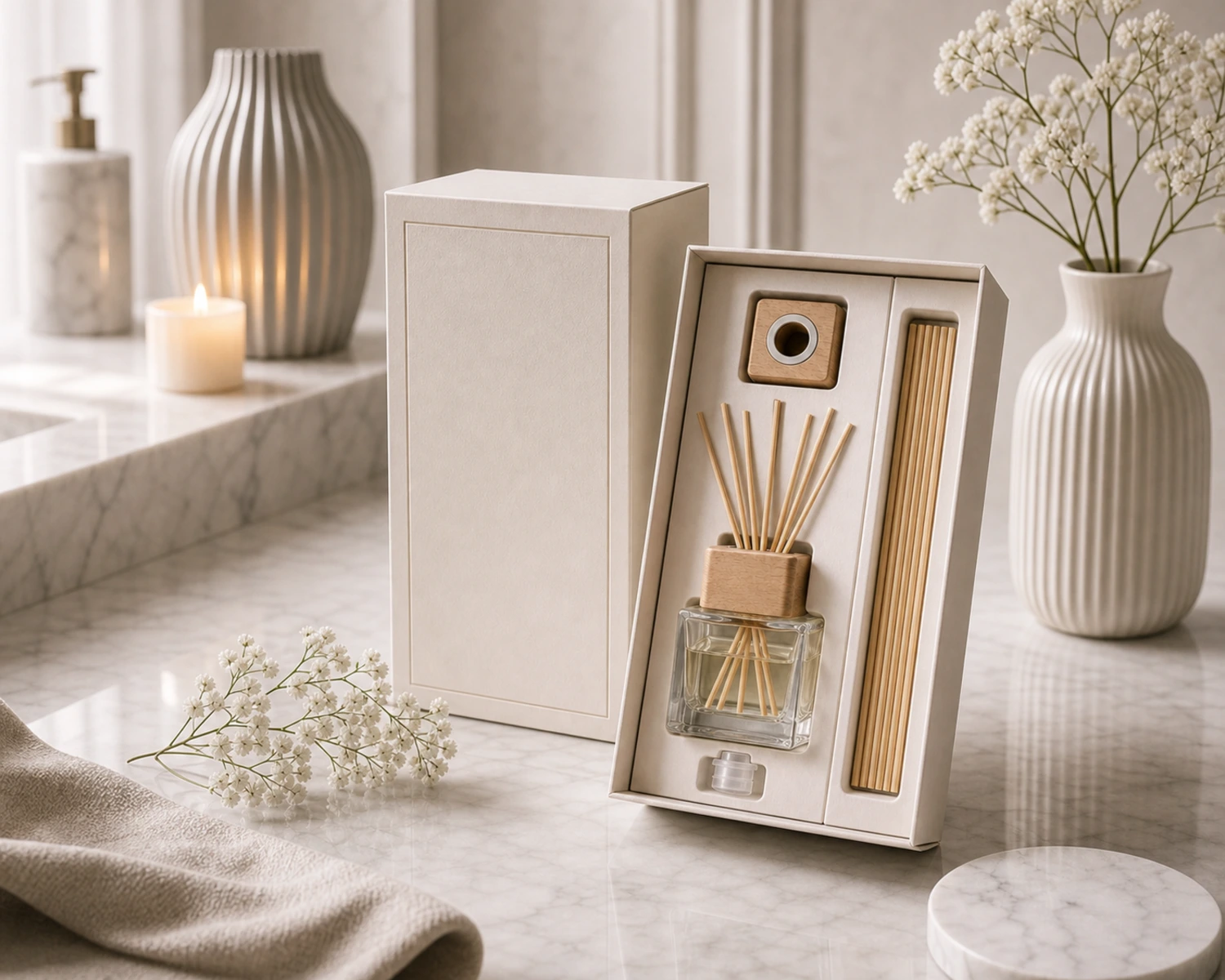 gift box packaging image of Reed Diffuser Bottle Set showing premium reed diffuser retail box presentation