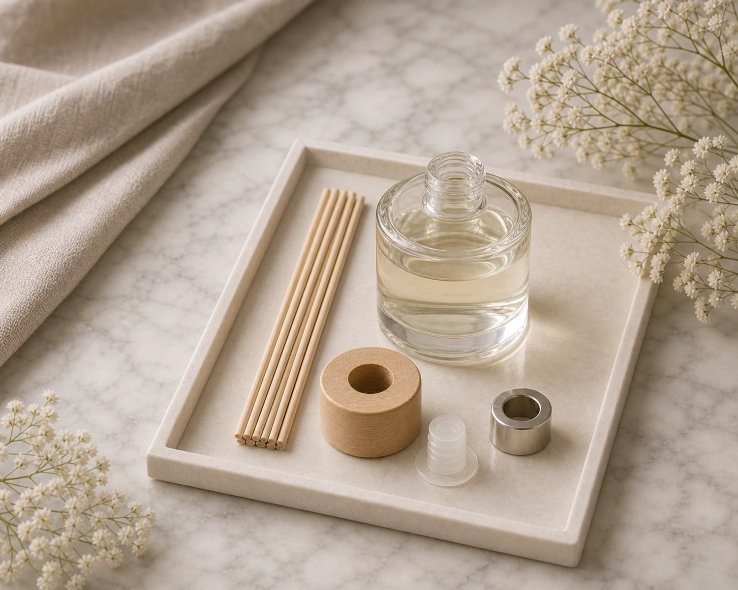 accessories detail image of Round Reed Diffuser Bottle showing reeds, caps and diffuser bottle components