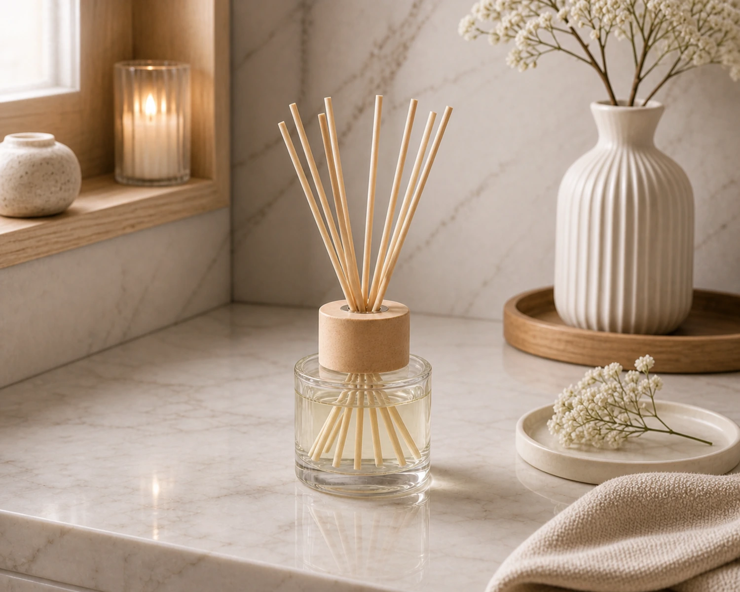 Round Reed Diffuser Bottle finished diffuser bottle campaign image showing premium home fragrance packaging presentation