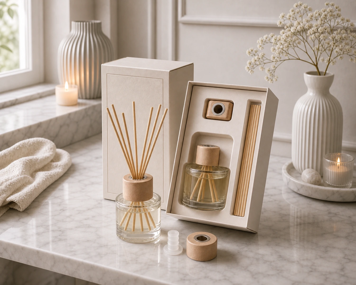 gift box packaging image of Round Reed Diffuser Bottle showing premium reed diffuser retail box presentation