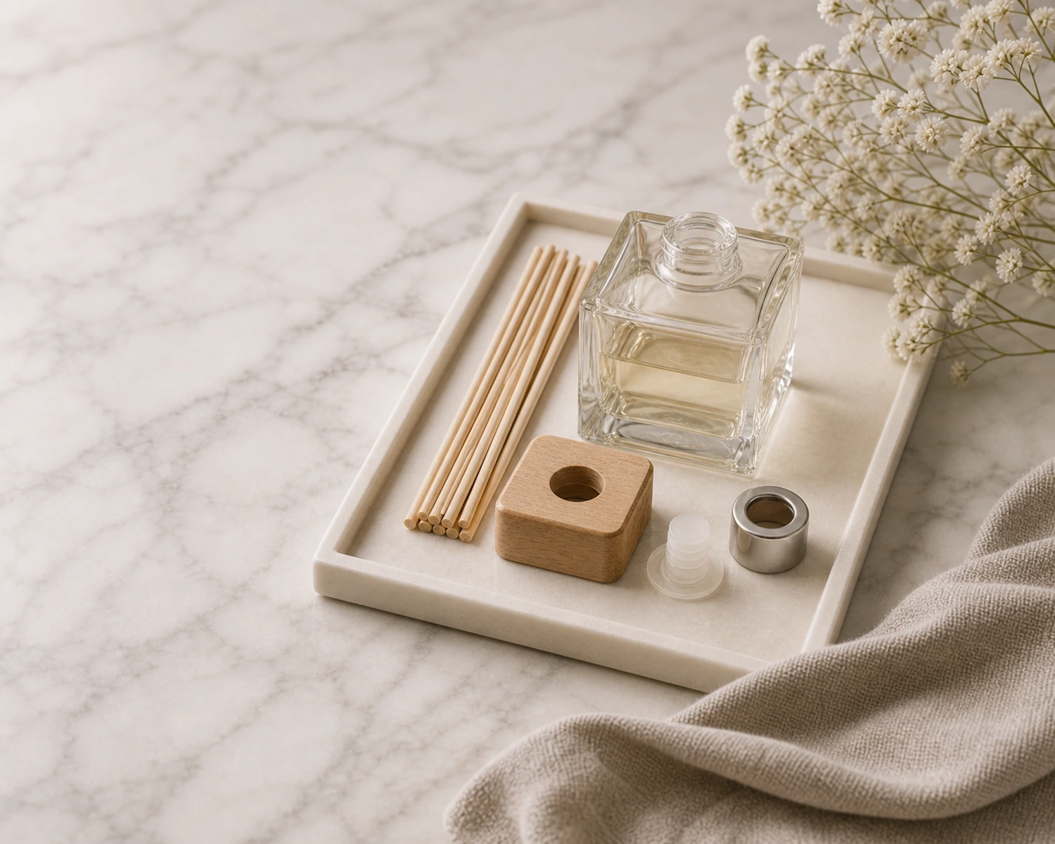 accessories detail image of Square Reed Diffuser Bottle showing reeds, caps and diffuser bottle components