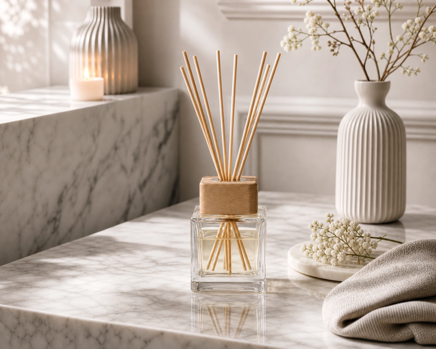 Square Reed Diffuser Bottle finished diffuser bottle campaign image showing premium home fragrance packaging presentation
