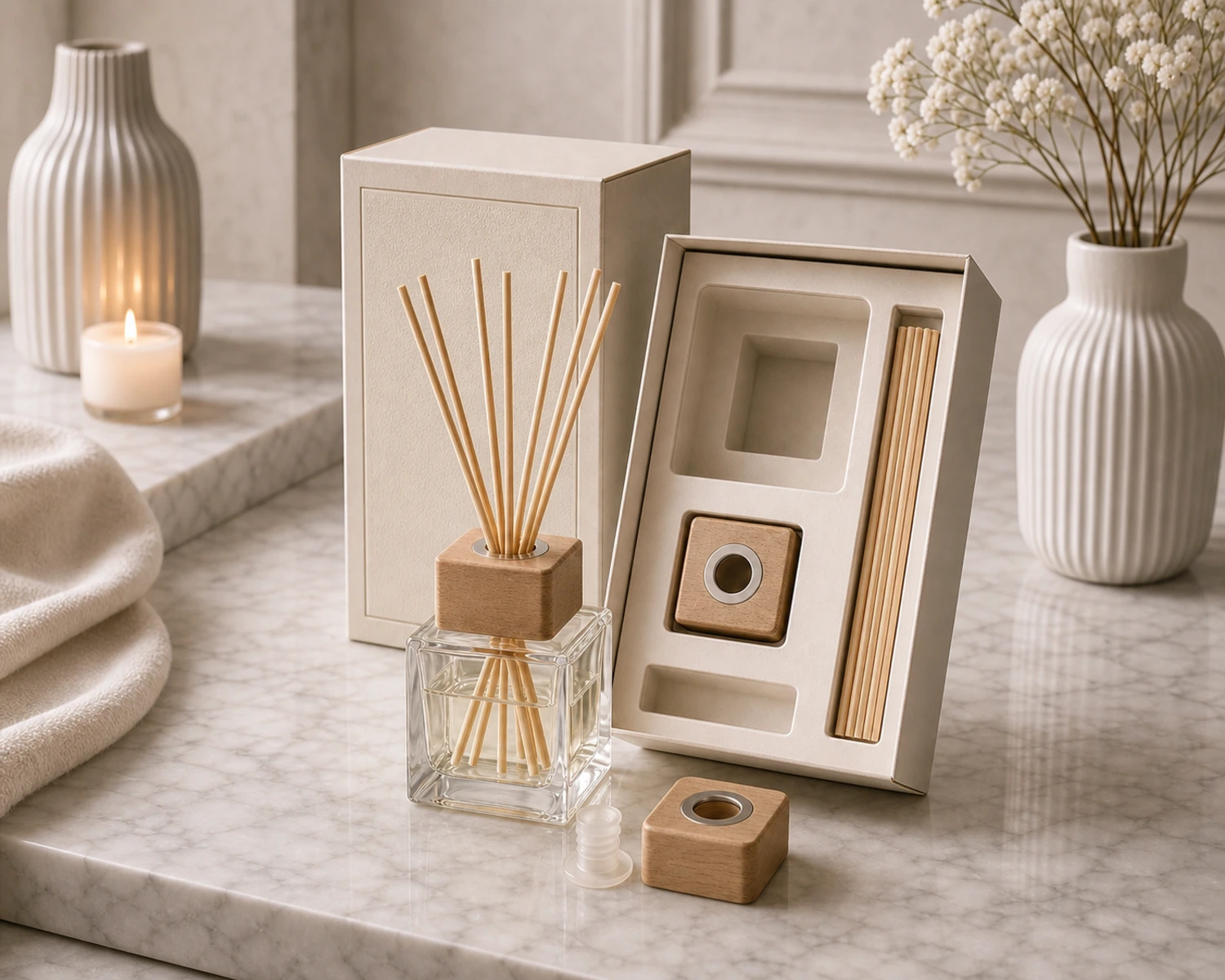 gift box packaging image of Square Reed Diffuser Bottle showing premium reed diffuser retail box presentation