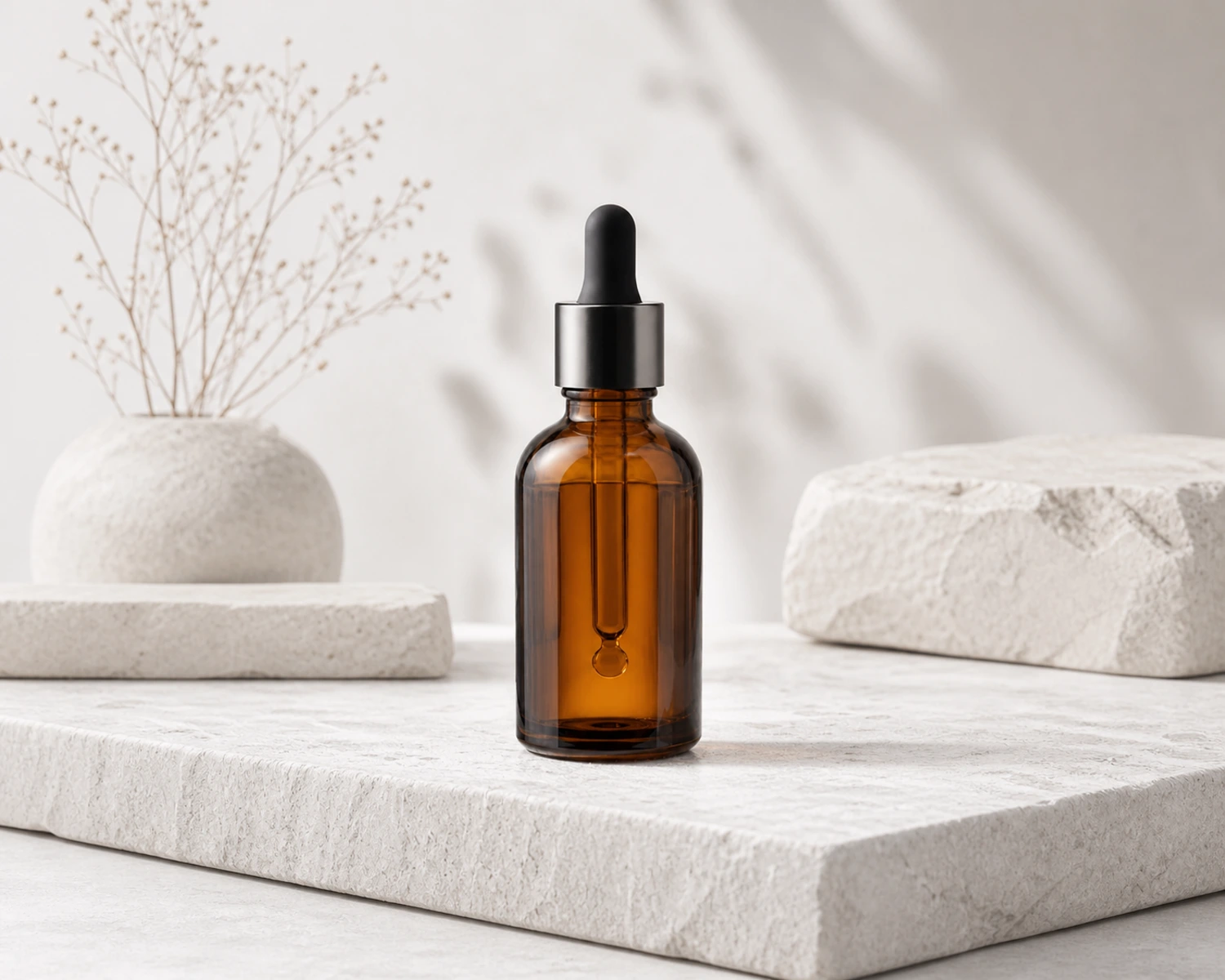 Amber glass dropper bottle in a finished campaign scene for essential oil packaging selection