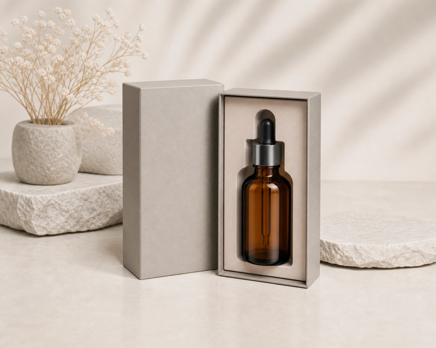 gift box packaging image of Amber Round Shoulder Dropper Bottle showing premium essential oil retail box presentation