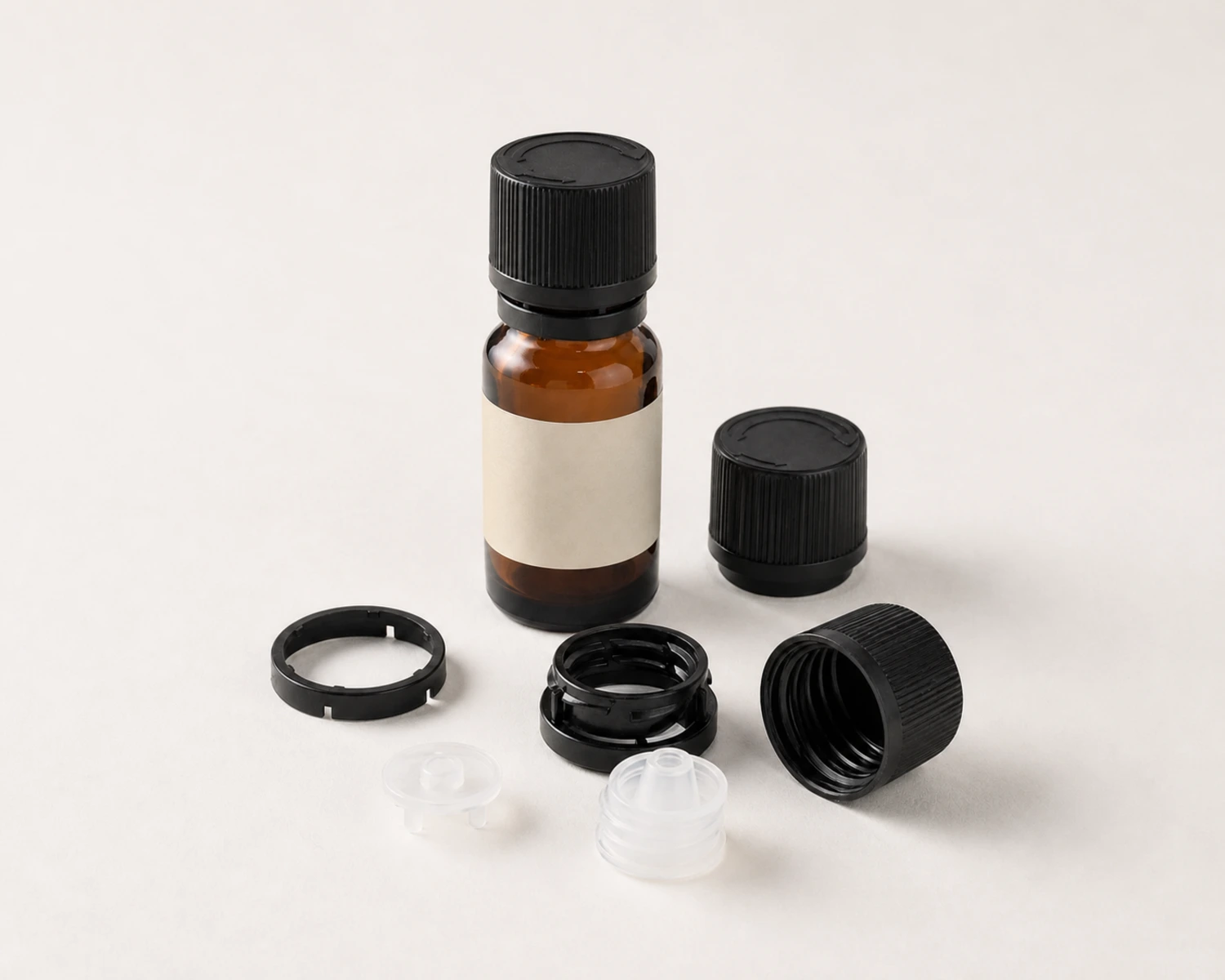 Child Resistant Essential Oil Bottle accessories and closure detail for child resistant essential oil bottle, CRC dropper bottle, 30ml child resistant glass bottle