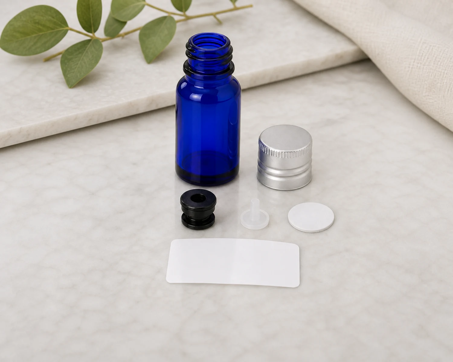 Cobalt Blue Essential Oil Bottle accessories and closure detail for cobalt blue essential oil bottle, blue glass dropper bottle 10ml, cobalt Boston round bottle